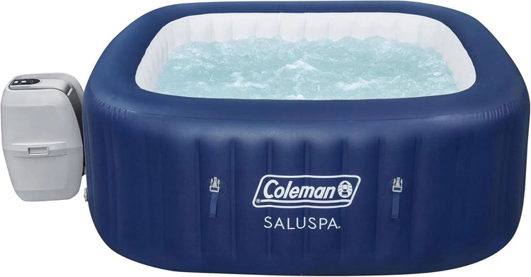Coleman Saluspa Atlantis Airjet 4 to 6 Person Inflatable Hot Tub Square Portable Outdoor Spa with 140 Soothing Jets with Cover, Blue