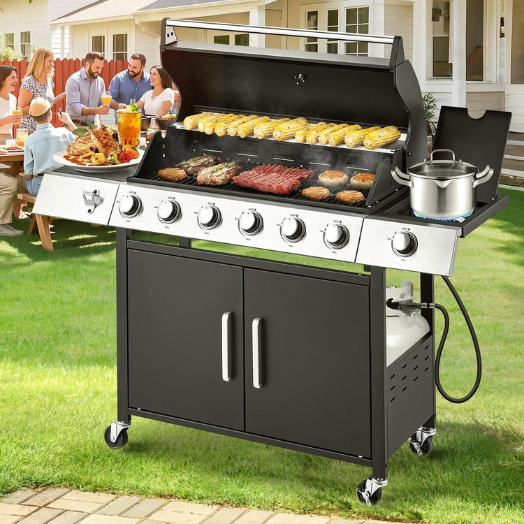 Upgraded 4 Burner BBQ Propane Gas Grill with Cast Iron Grates & Side Stove, 44,000 BTU Stainless Steel Burner Barbecue Grill for Patio, Camping
