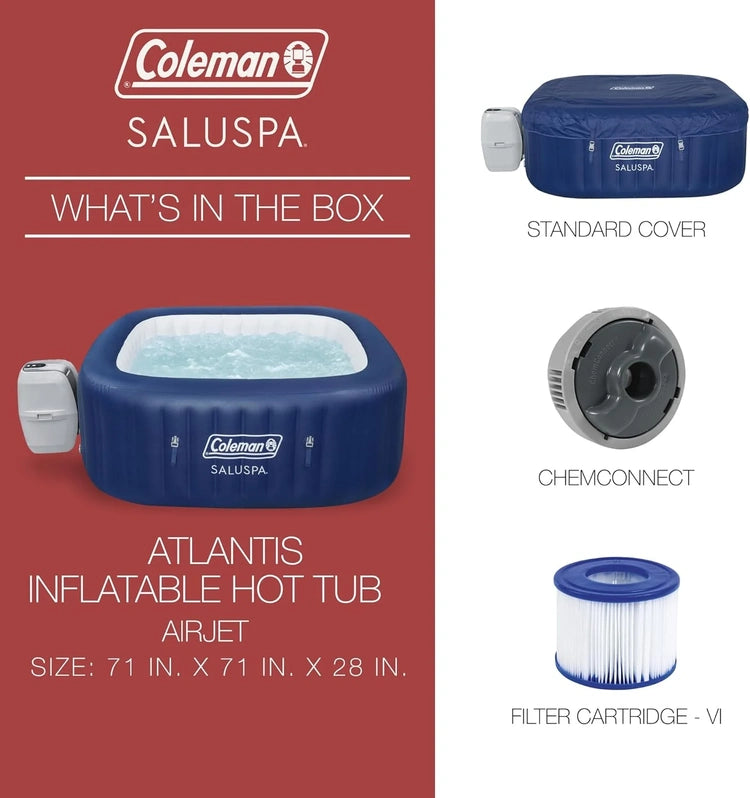 Coleman Saluspa Atlantis Airjet 4 to 6 Person Inflatable Hot Tub Square Portable Outdoor Spa with 140 Soothing Jets with Cover, Blue