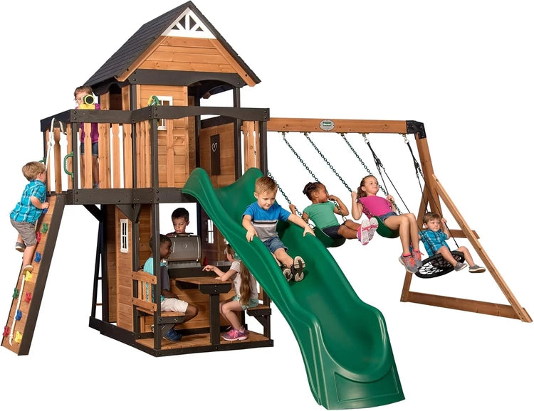 Canyon Creek Cedar Wood Swing Set with Wave Slide, Clubhouse, Play Kitchen, Picnic Area, Belt Swings, Web Swing, Rock Wall, Balconies, Playhouse
