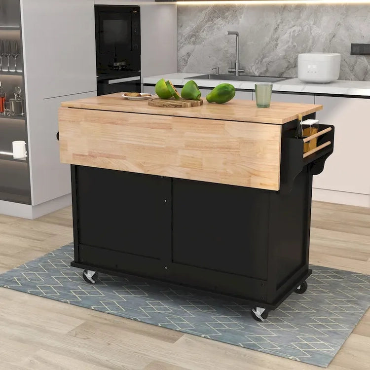 Kitchen Cart with Rubber Wood Drop-Leaf Countertop, Concealed Sliding Barn Door Adjustable Height, Kitchen Island on 4 Wheels