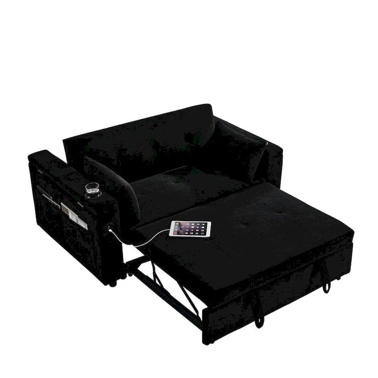 54 Pull-Out Sleeper Sofa Bed, 2 Seat Recliner Sofa Bed with Storage, Lumbar Pillow, USB Power Outlet