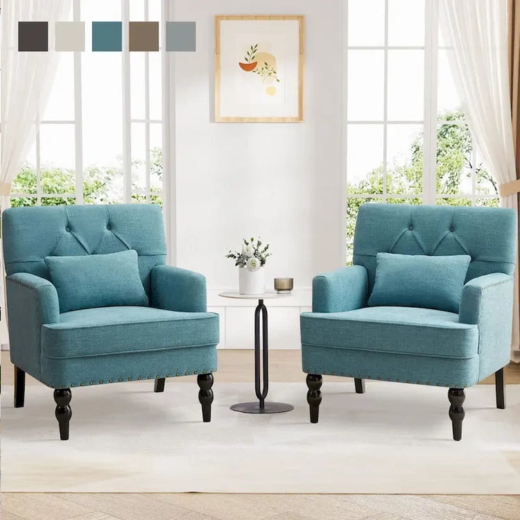 Set of 2 Arm Chair Upholstered Button Tufted Accent Chair with Lumbar Pillow Beige/Grey/Light Blue