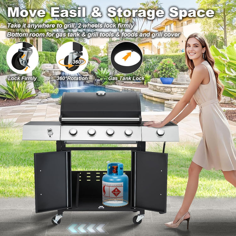 Upgraded 4 Burner BBQ Propane Gas Grill with Cast Iron Grates & Side Stove, 44,000 BTU Stainless Steel Burner Barbecue Grill for Patio, Camping