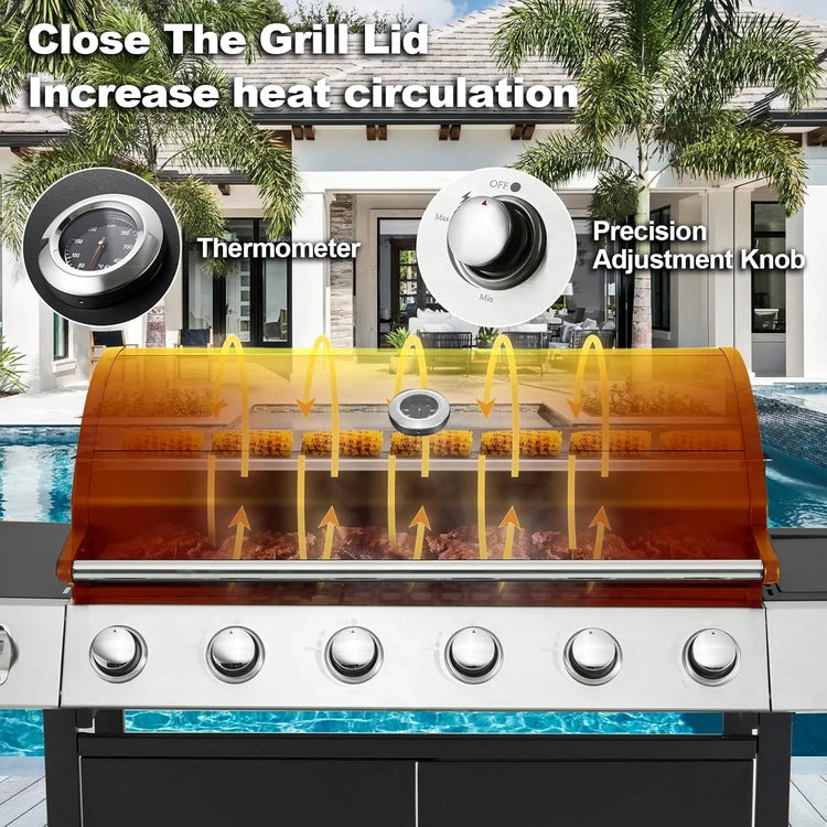Upgraded 4 Burner BBQ Propane Gas Grill with Cast Iron Grates & Side Stove, 44,000 BTU Stainless Steel Burner Barbecue Grill for Patio, Camping