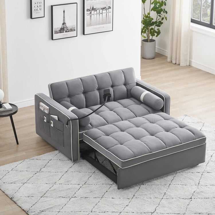 3 in 1 Sleeper Sofa Couch Bed, Small Tufted Velvet Convertible Loveseat Futon Sofa W/Pullout Bed, Adjustable Backrest, Cylinder Pillows