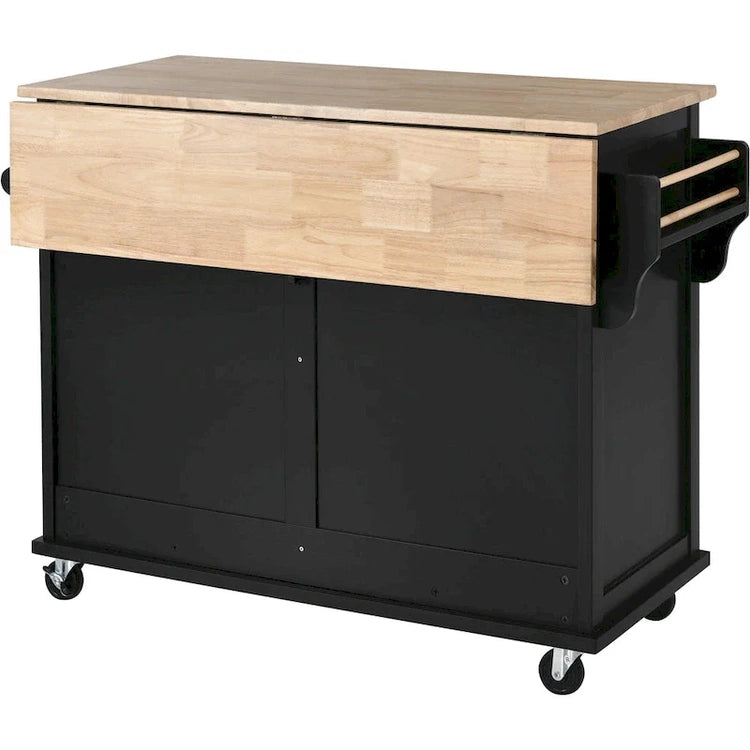 Kitchen Cart with Rubber Wood Drop-Leaf Countertop, Concealed Sliding Barn Door Adjustable Height, Kitchen Island on 4 Wheels