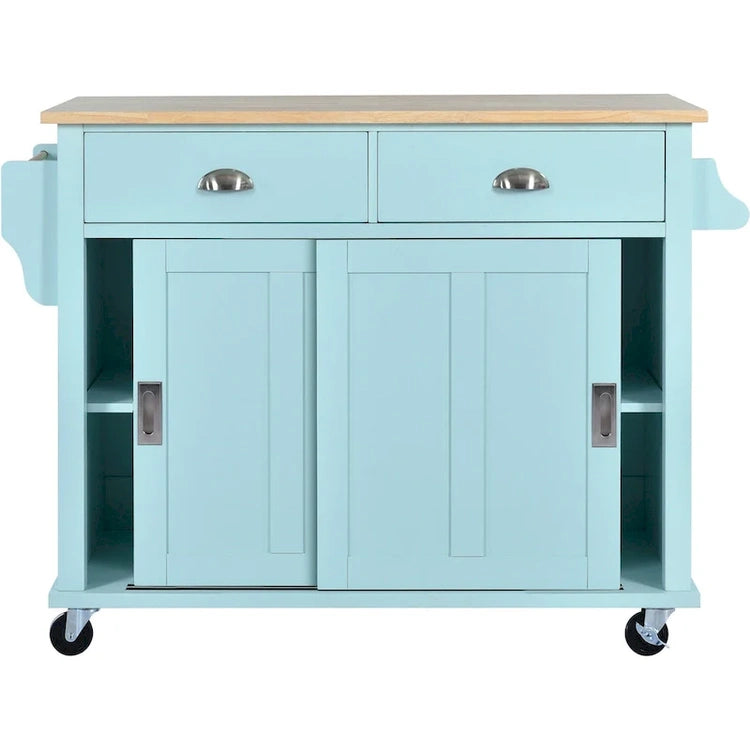 Kitchen Cart with Rubber Wood Drop-Leaf Countertop, Concealed Sliding Barn Door Adjustable Height, Kitchen Island on 4 Wheels