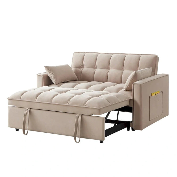 4 in1 Loveseat Sofa Bed with Armrests & Storage Pockets, Multi-Function Tufted Pull-Out Sofa Bed with Adjustable Backrest