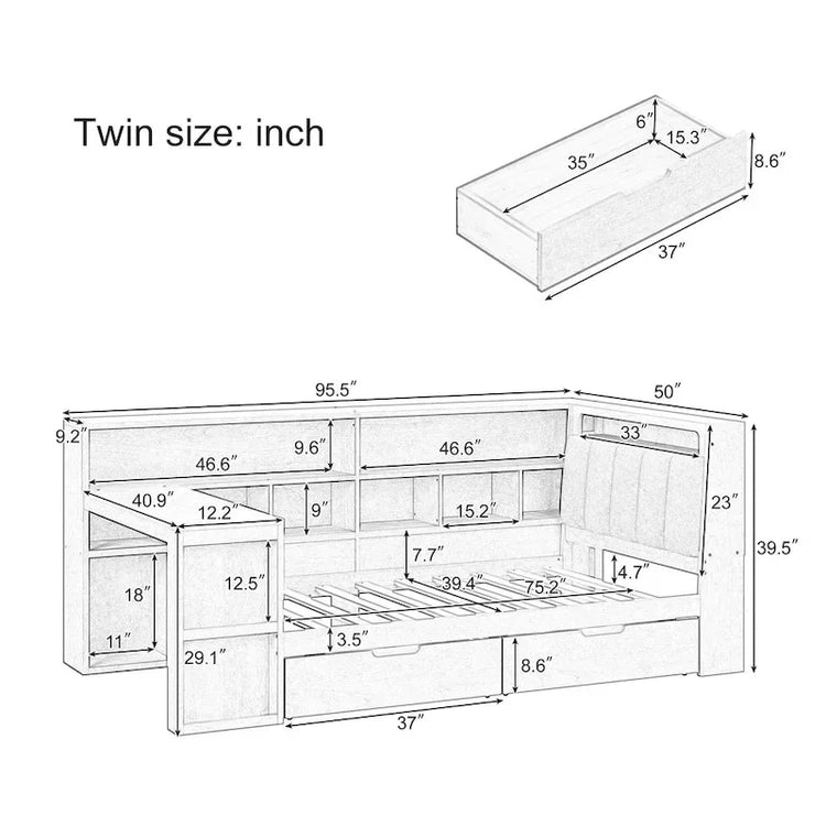 L-Shaped Wooden Sofa Daybed with Desk, Bookcase Cabinet, Corner Bed with Under-Bed Drawers, Upholstered Headboard Built-in Light