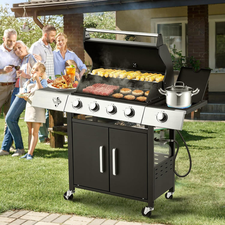Upgraded 4 Burner BBQ Propane Gas Grill with Cast Iron Grates & Side Stove, 44,000 BTU Stainless Steel Burner Barbecue Grill for Patio, Camping