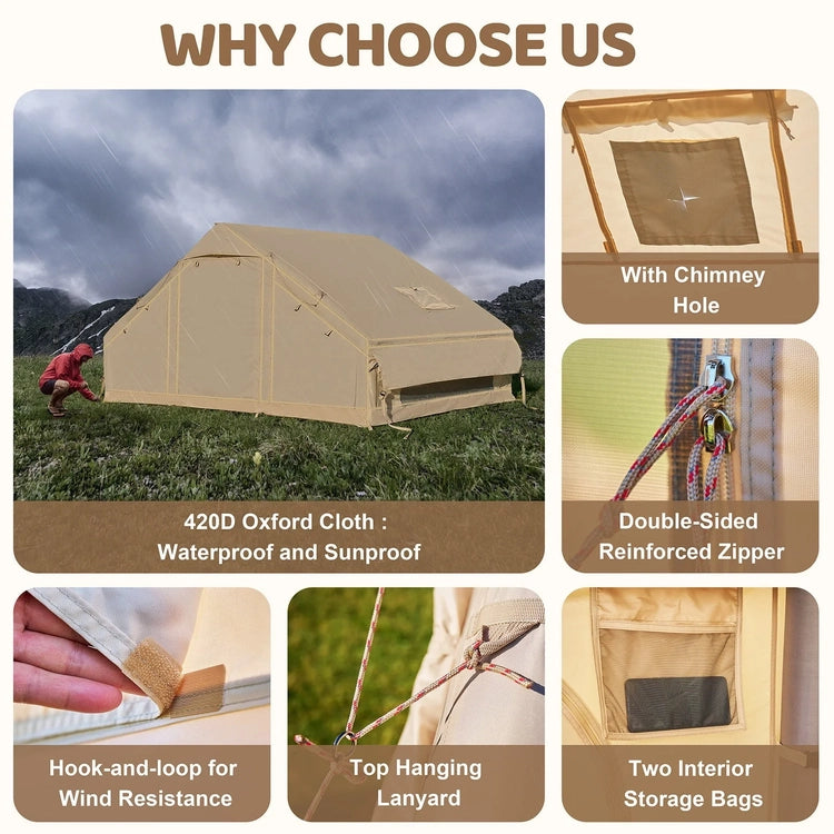 6 Person Inflatable Camping Tent with Pump, 10ft x7ft Glamping Family Tent Easy Setup 4 Season Waterproof Windproof Outdoor Blow up Tent Oxford