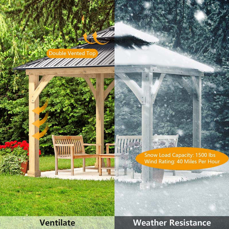 10 X Ft Outdoor Patio Hardtop Gazebo with Wood Frame & 2-Tier Metal Roof, All-Weather Gazebo Pergolas Shelter