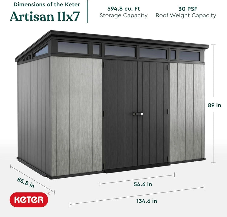 Keter Artisan 11x7 Modern Resin Outdoor Storage Shed Kit- to Store Patio Furniture, Garden Tools Bike Accessories, Beach Chairs and Lawn Mower