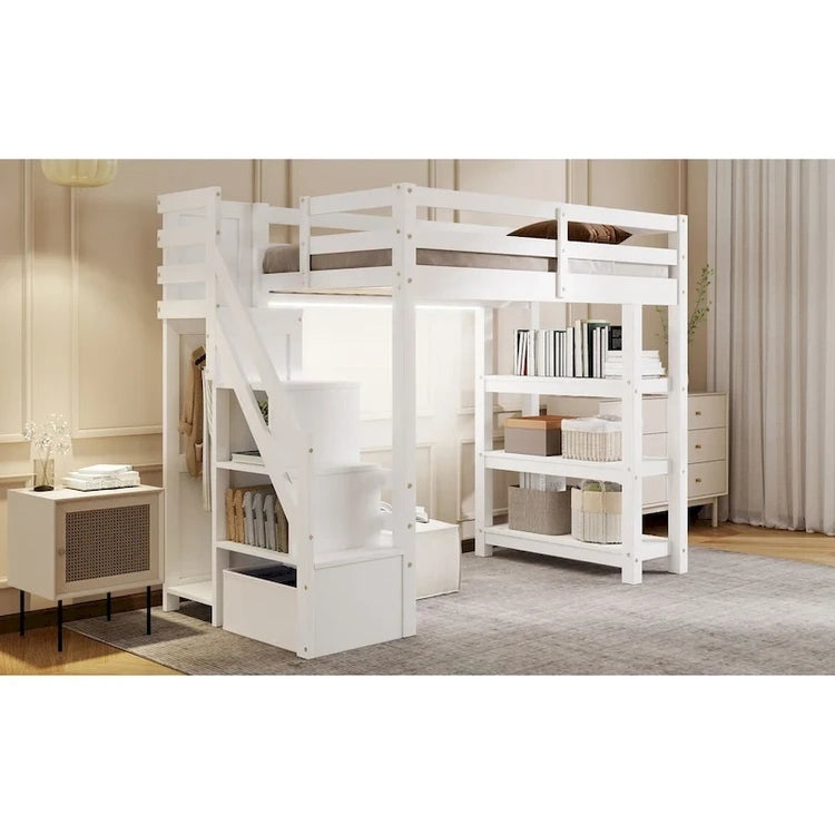Full/Twin Loft Bed with Storage Stairs - Shelves, Wardrobe & LED Light, Space-Saving Design