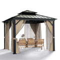 10x10 Hardtop Gazebo with Double Metal Roof, Aluminum Frame, Net, and Curtain. All-Weather, Ideal for Patio, Deck, Garden, Backyard. Khaki