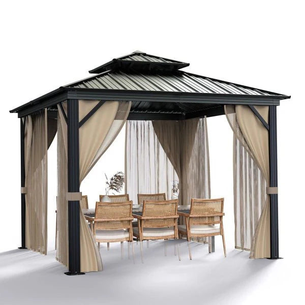 10x10 Hardtop Gazebo with Double Metal Roof, Aluminum Frame, Net, and Curtain. All-Weather, Ideal for Patio, Deck, Garden, Backyard. Khaki