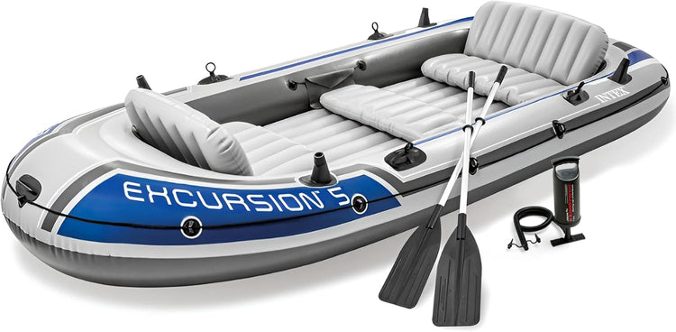 Excursion Inflatable Boat Series, Includes Deluxe 54in Boat Oars and High-Output Pump - Supertough PVC - Adjustable Seats with Backrest