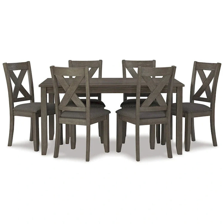 7 Piece Dining Table Set, Lattice Back Chairs, Dark Gray Wood, Polyester