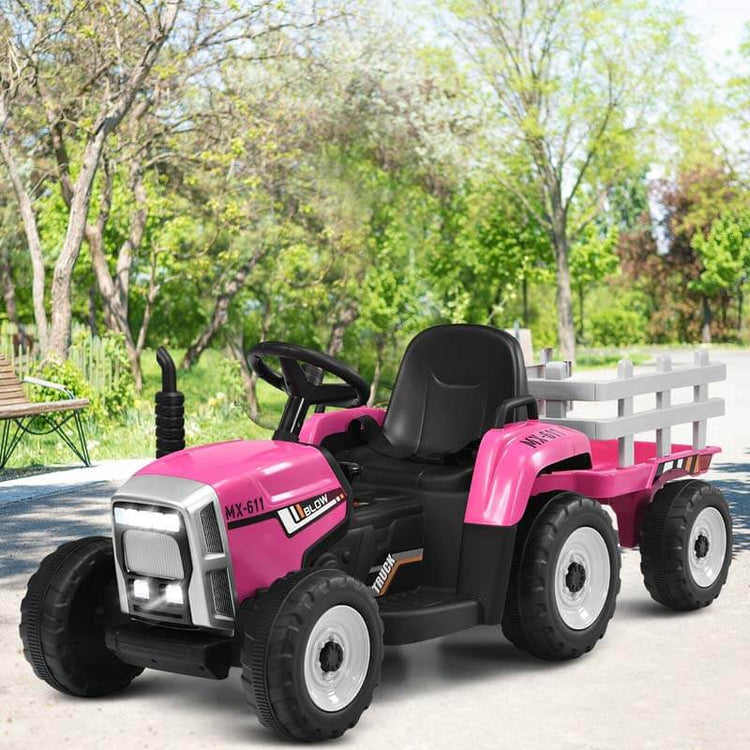 Kids Ride on Tractor W/Trailer 12V Battery Powered Electric Riding Toy Car Vehicle with 3-Gear-Shift Ground Loader