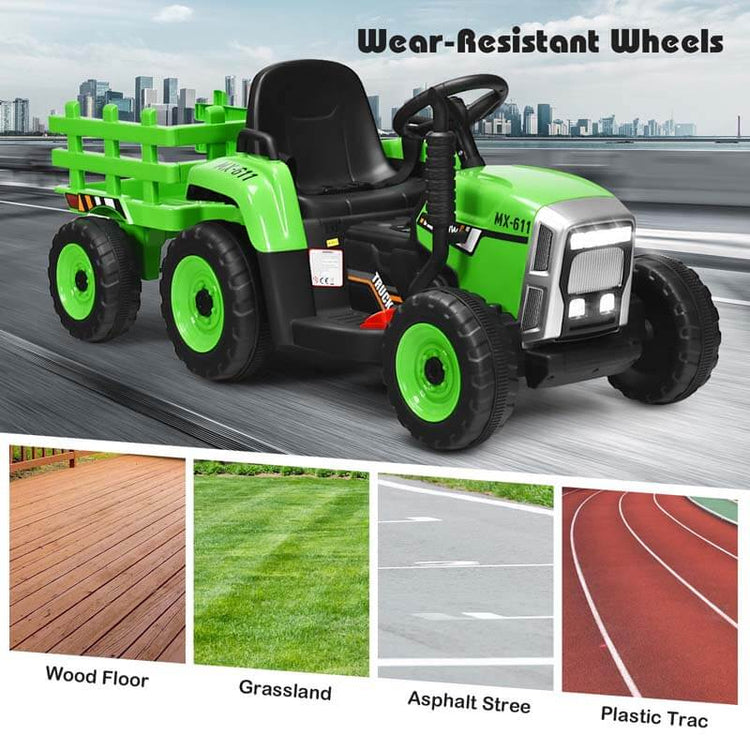 Kids Ride on Tractor W/Trailer 12V Battery Powered Electric Riding Toy Car Vehicle with 3-Gear-Shift Ground Loader