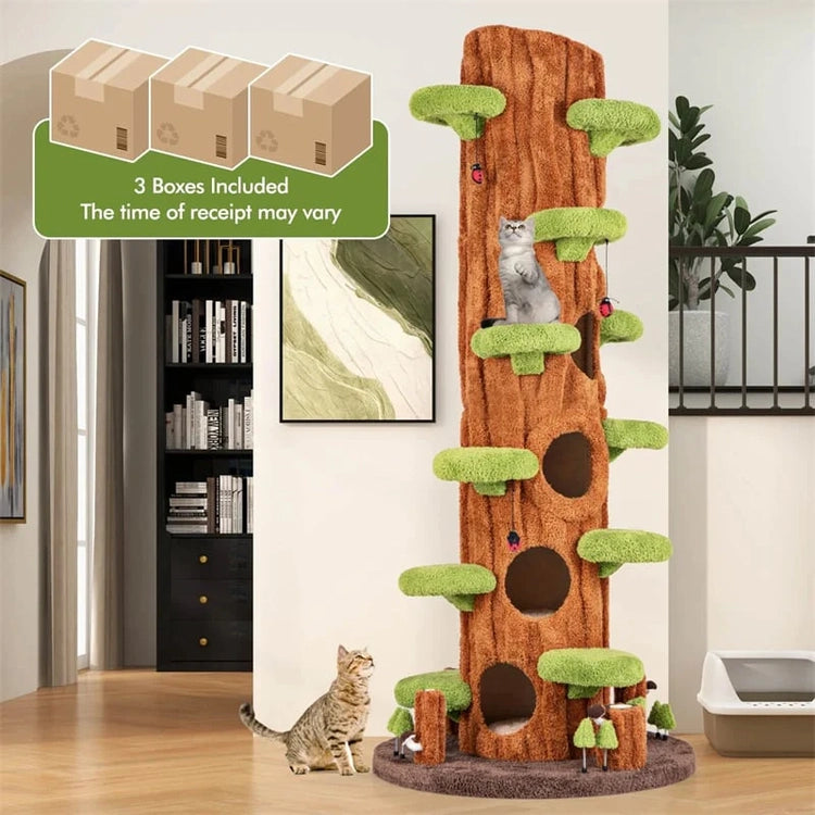90.5" Tall Simulation Cat Tree, Modern Realistic Multi-Level Cat Tower w/5 Condos & Sisal Scratch Pad, Large Lifelike Indoor Cat Tree