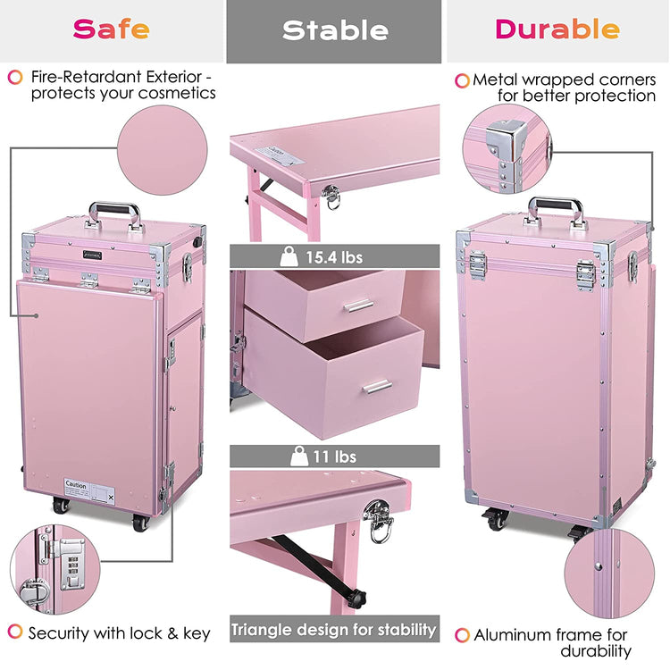 Byootique Nail Desk Mobile Station Rolling Makeup Train Case Trolley Cosmetic Manicure Table Mirror 4 Drawers Pink