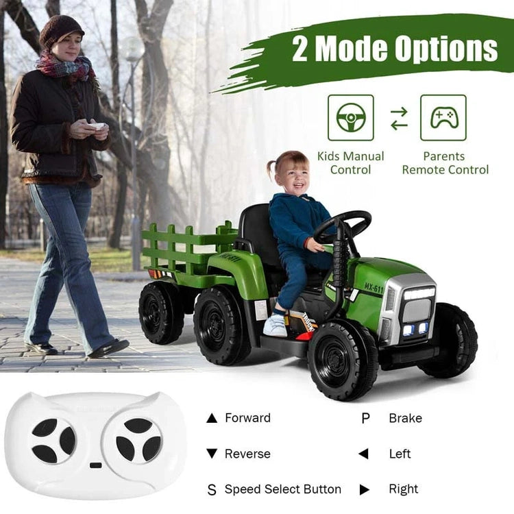 Kids Ride on Tractor W/Trailer 12V Battery Powered Electric Riding Toy Car Vehicle with 3-Gear-Shift Ground Loader