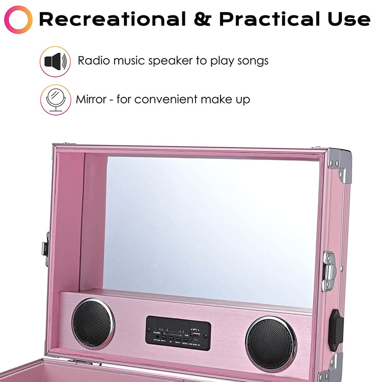 Byootique Nail Desk Mobile Station Rolling Makeup Train Case Trolley Cosmetic Manicure Table Mirror 4 Drawers Pink