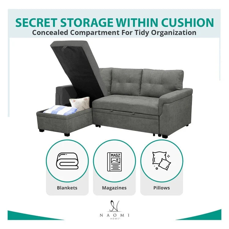 Reversible Sectional Sofa with Pull-Out Sleeper Bed, Hidden Storage Chaise, Durable Legs