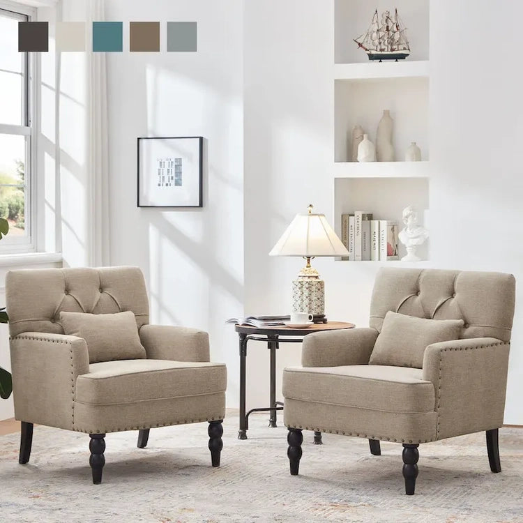 Set of 2 Arm Chair Upholstered Button Tufted Accent Chair with Lumbar Pillow Beige/Grey/Light Blue