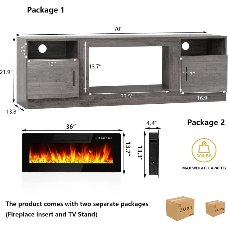 Bossin 70 Fireplace TV Stand with 36 Electric Fireplace, TV Stand for Tvs up to 80,16 Colors LED Lights/Entertainment Center