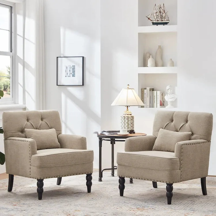 Set of 2 Arm Chair Upholstered Button Tufted Accent Chair with Lumbar Pillow Beige/Grey/Light Blue