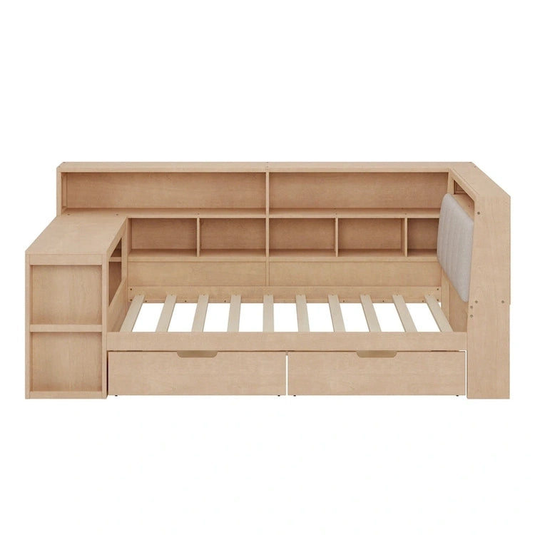 L-Shaped Wooden Sofa Daybed with Desk, Bookcase Cabinet, Corner Bed with Under-Bed Drawers, Upholstered Headboard Built-in Light