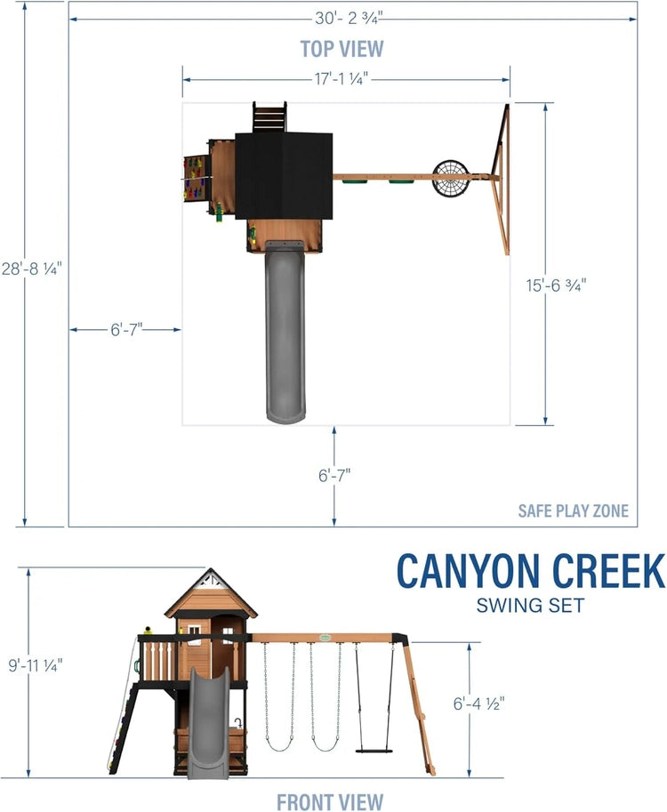 Canyon Creek Cedar Wood Swing Set with Wave Slide, Clubhouse, Play Kitchen, Picnic Area, Belt Swings, Web Swing, Rock Wall, Balconies, Playhouse