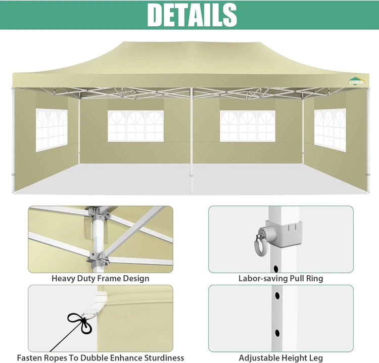 Cobizi 10x20 Heavy Duty Pop up Canopy Tent with 6 Sidewalls Easy up Commercial Outdoor Canopy Wedding Party Tents