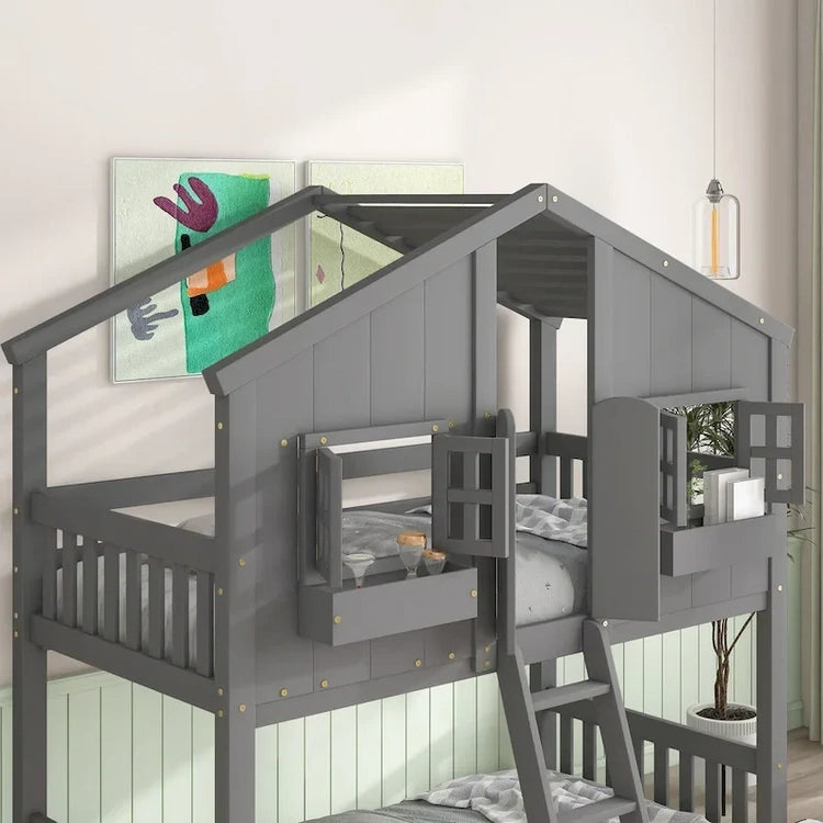 Twin Over House Bunk Bed with Roof, Window, Window Box, Door, with Safety Guardrails and Ladder, Grey