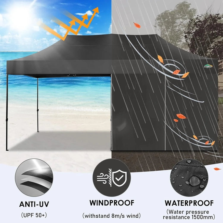 Cobizi 10x20 Heavy Duty Pop up Canopy Tent with 6 Sidewalls Easy up Commercial Outdoor Canopy Wedding Party Tents