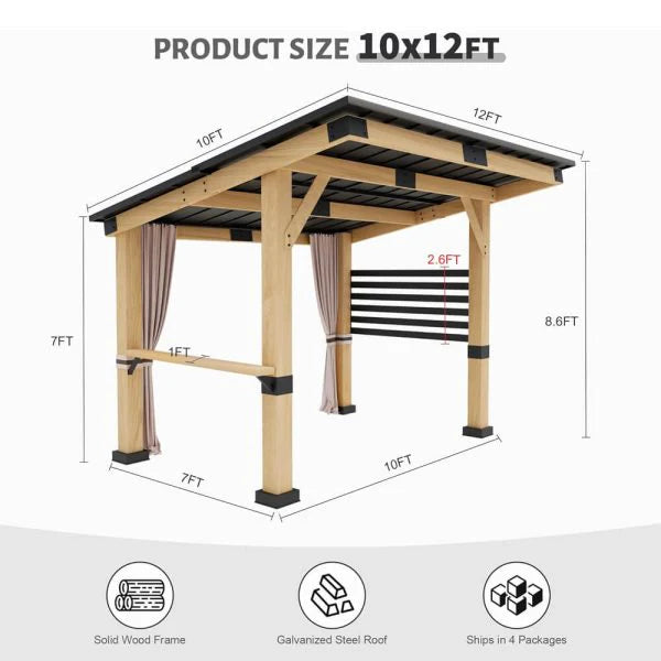 10x12FT Heavy Duty Outdoor All-Season Wooden Cedar Hardtop Gazebo with Metal Roof & Back Curtains (SAK57184)