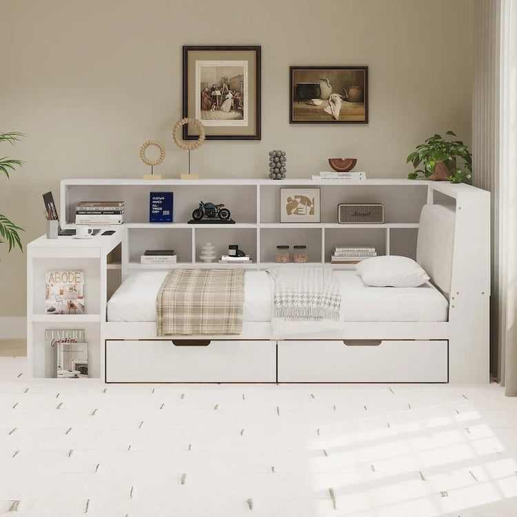 L-Shaped Wooden Sofa Daybed with Desk, Bookcase Cabinet, Corner Bed with Under-Bed Drawers, Upholstered Headboard Built-in Light