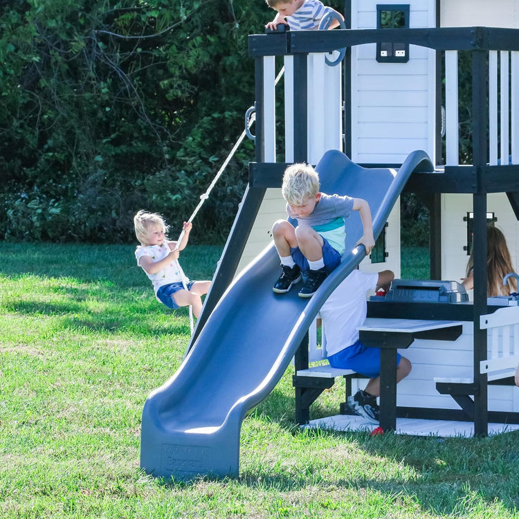 Canyon Creek Cedar Wood Swing Set with Wave Slide, Clubhouse, Play Kitchen, Picnic Area, Belt Swings, Web Swing, Rock Wall, Balconies, Playhouse