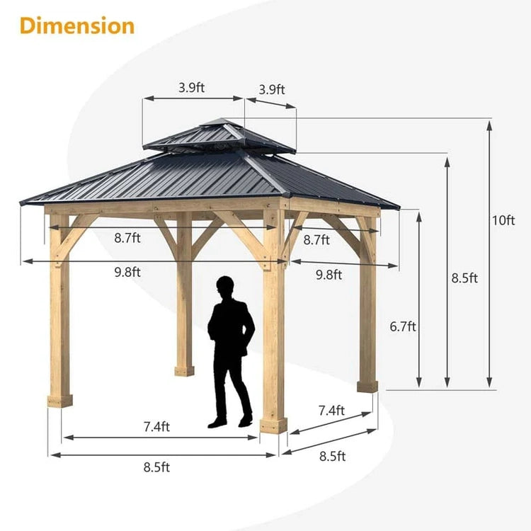 10 X Ft Outdoor Patio Hardtop Gazebo with Wood Frame & 2-Tier Metal Roof, All-Weather Gazebo Pergolas Shelter