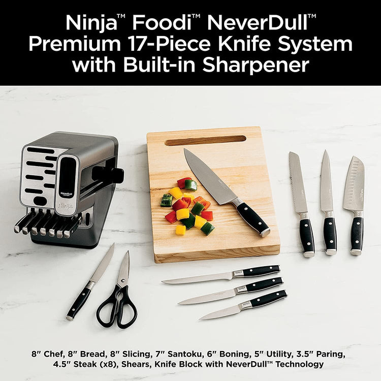 Ninja K32017 Foodi Neverdull 17 Piece Knife System Block Set with Built-in Sharpener, Stainless Steel/Black