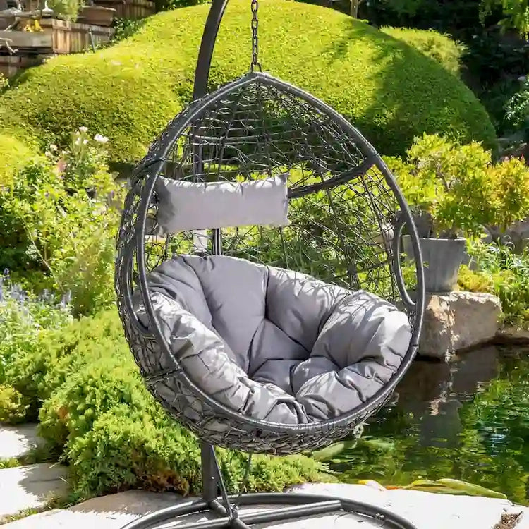 Waterproof Outdoor Wicker Hanging Basket Chair with Cushions, Hammock Seat - 300 Lbs Capacity