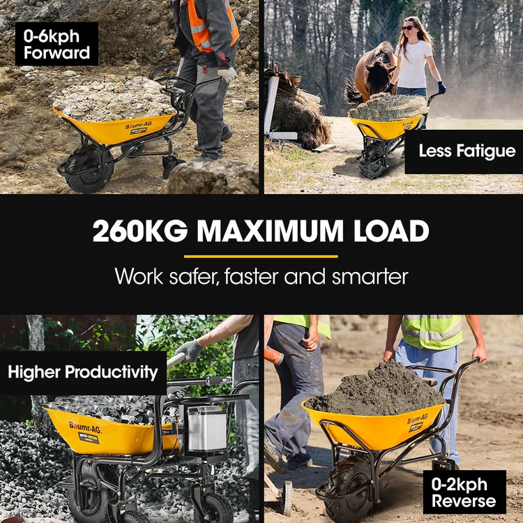 Baumr-Ag 40V Battery Powered Wheelbarrow Motorised Electric, 100L Bucket Volume, 3 Wheel, 260KG, Lifting Bucket