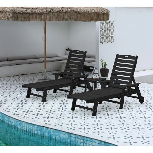 3-Piece Patio Set 2 Oversized Chaise Lounges (5-Position, Wheels, Cup Holder) + Side Table, All-Weather Wood Texture