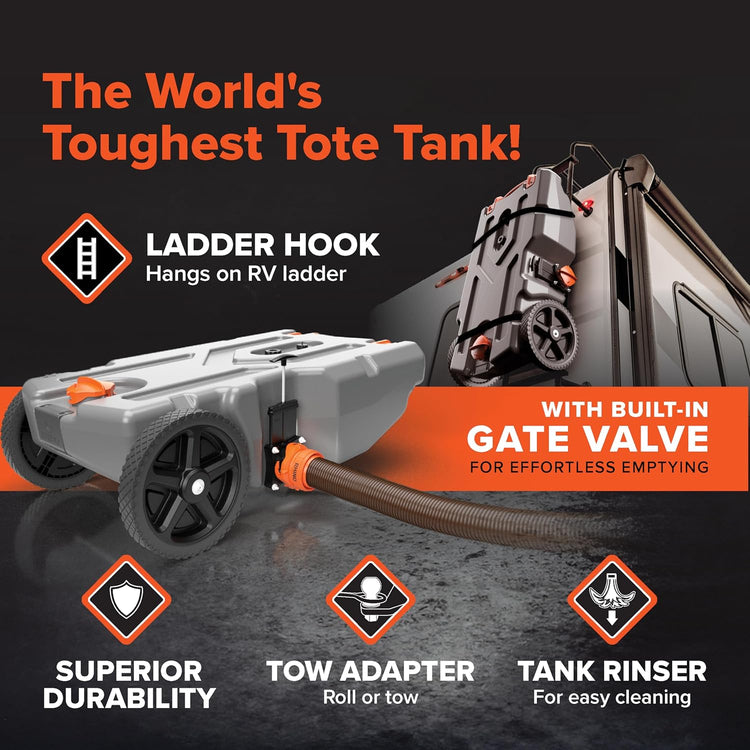 36-Gallon Portable Camper/RV Tote Tank - Features Large Heavy-Duty No-Flat Wheels & Built-in Gate Valve - Removable Steel Tow Adapter
