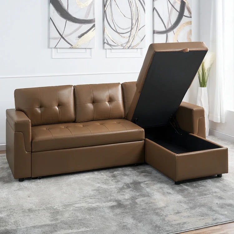 Reversible Sectional Sofa with Pull-Out Sleeper Bed, Hidden Storage Chaise, Durable Legs