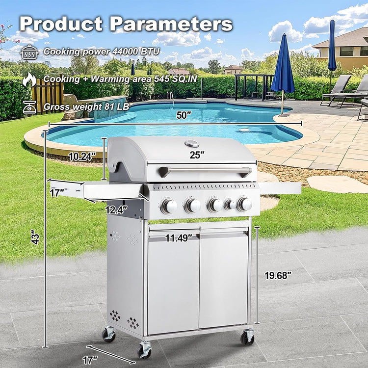 Upgraded 4 Burner BBQ Propane Gas Grill with Cast Iron Grates & Side Stove, 44,000 BTU Stainless Steel Burner Barbecue Grill for Patio, Camping