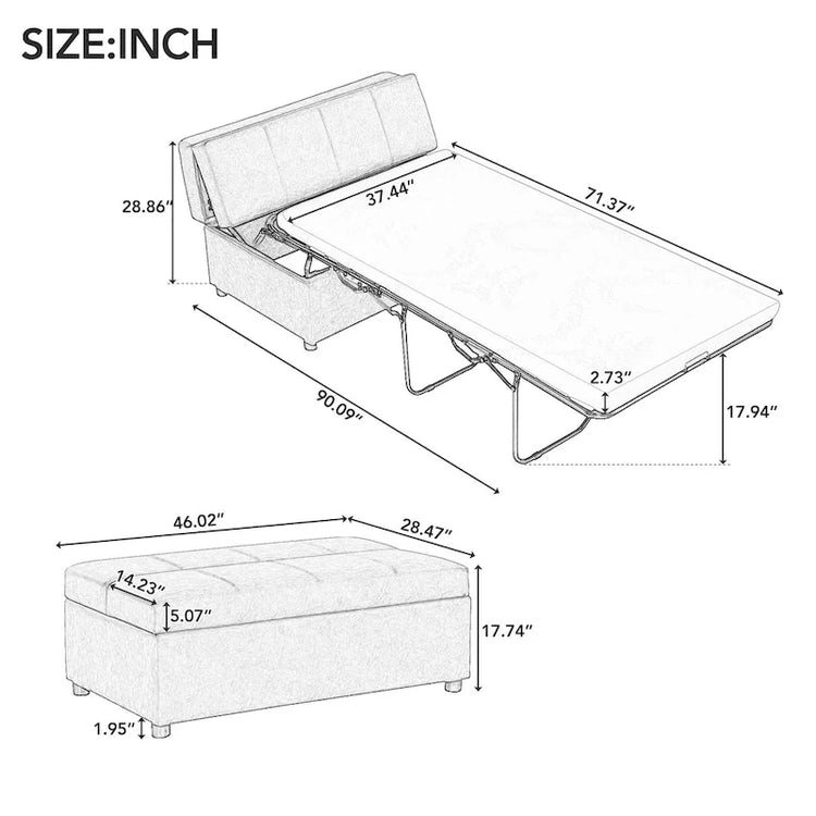 Twin Size Folding Pull Out Ottoman Sleeper Bed with Mattress Convertible Guest Bed, Pu Upholstered Sleeper Sofa